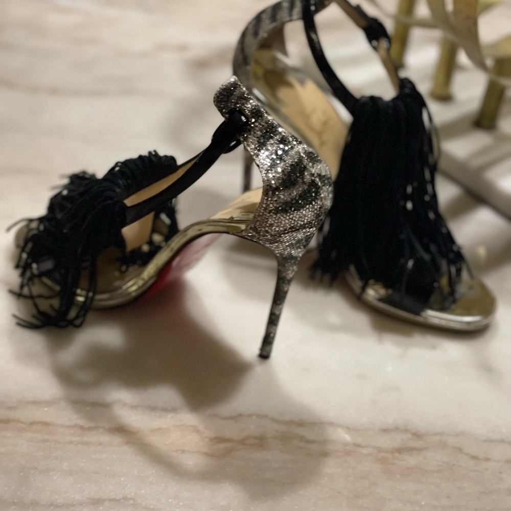 Christian Louboutin Silver Heels with Black Tassels - Picture 2 of 7
